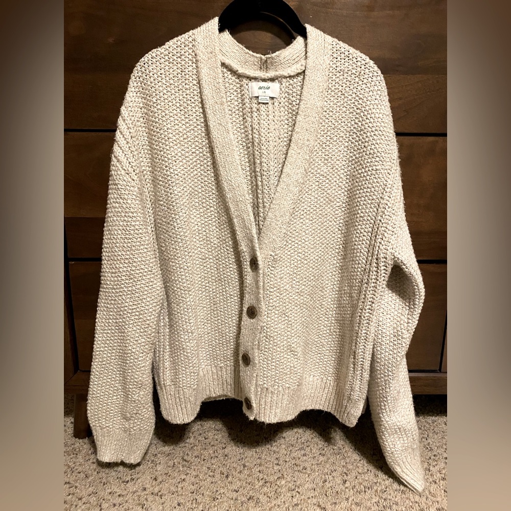 Aerie Large V-Neck Knit Cardigan in Cream